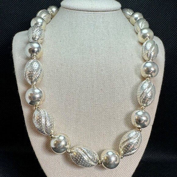 VTG Sterling Silver 925 Textured Beaded Design Necklace Size 16'' Length - Picture 1 of 8